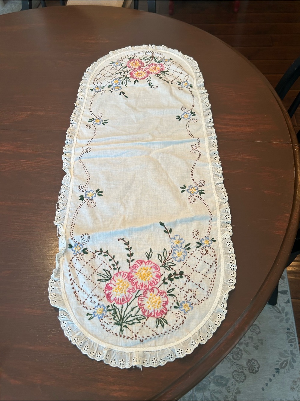 Hand-Embroidered Floral Table Runner - 31 1/2 by 12 1/2 in